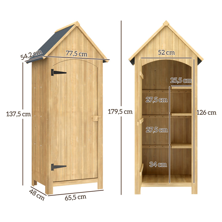 Armário Jardim de Madeira 77,5x54,2x179,5 cm 0,3 m² Abrigo de Exterior Armário para Arrumação de Ferramentas com 3 Prateleiras e 2 Portas com Fecho para Pátio Terraço Madeira