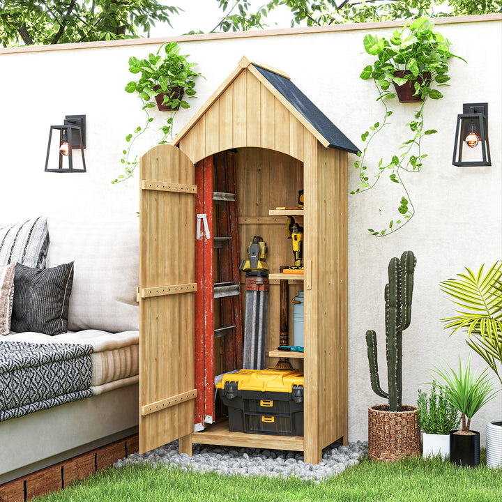 Armário Jardim de Madeira 77,5x54,2x179,5 cm 0,3 m² Abrigo de Exterior Armário para Arrumação de Ferramentas com 3 Prateleiras e 2 Portas com Fecho para Pátio Terraço Madeira