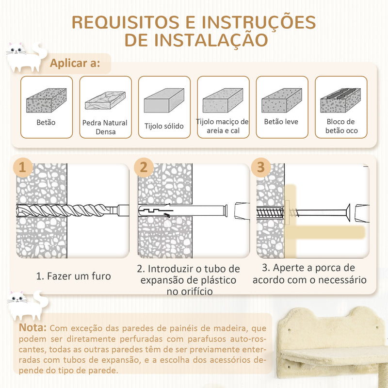 Conjunto de Prateleiras de Parede para Gatos de 4 Peças Arranhador de Parede para Gatos com 3 Postes de Sisal Rede e 1 Plataforma para Saltar de 3 Níveis Bege