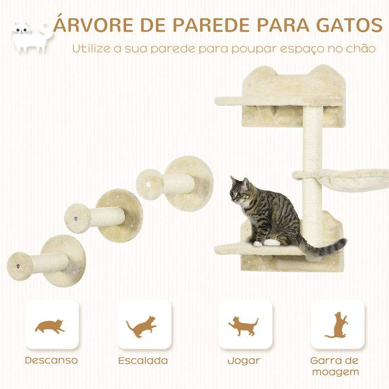 Conjunto de Prateleiras de Parede para Gatos de 4 Peças Arranhador de Parede para Gatos com 3 Postes de Sisal Rede e 1 Plataforma para Saltar de 3 Níveis Bege