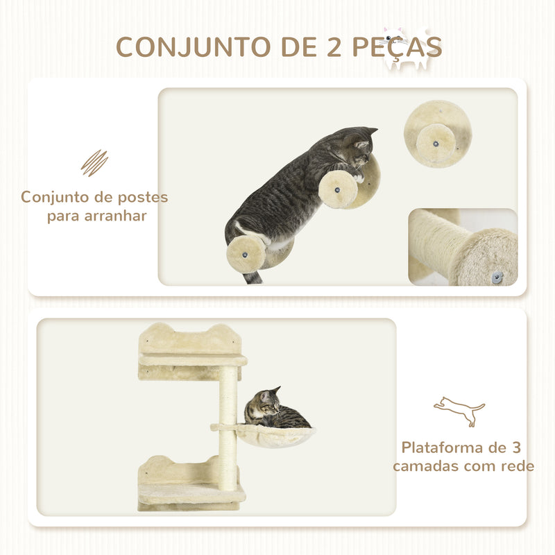 Conjunto de Prateleiras de Parede para Gatos de 4 Peças Arranhador de Parede para Gatos com 3 Postes de Sisal Rede e 1 Plataforma para Saltar de 3 Níveis Bege