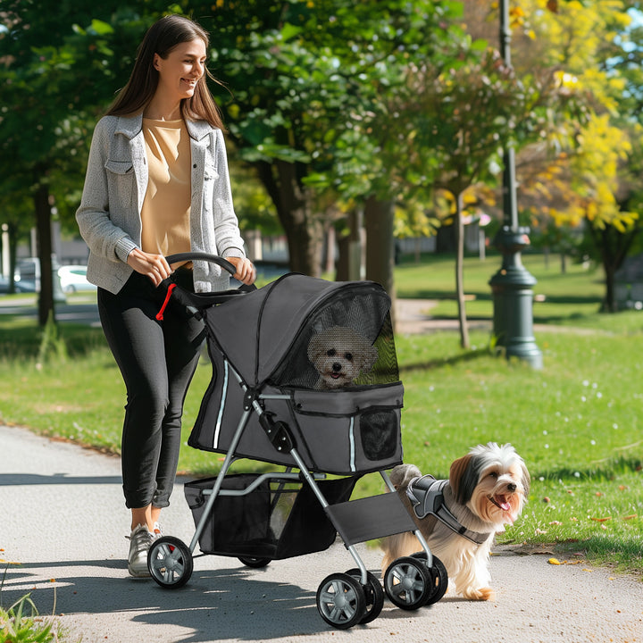 Carrinho de Passeio para Animais de Estimação Carrinho para Cães e Gatos Dobrável com Capô Ajustável Cesta de Armazenamento Suporte para Copos e Travão 75x45x97 cm Cinza