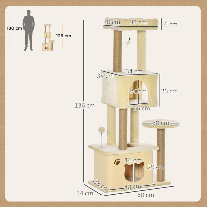 Árvore Arranhador para Gatos Centro de Atividades com Plataformas Cavernas de Felpa Suave Postes para Arranhar de Juta Bola Brinquedo Suspenso 60x34x136cm Bege