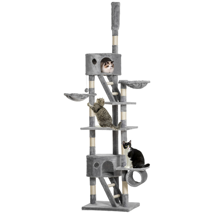 Arranhador para Gatos do Chão ao Teto de 240-260 cm Arranhador para Gatos com Altura Ajustável Múltiplas Plataformas Caverna e Rampas Cinza