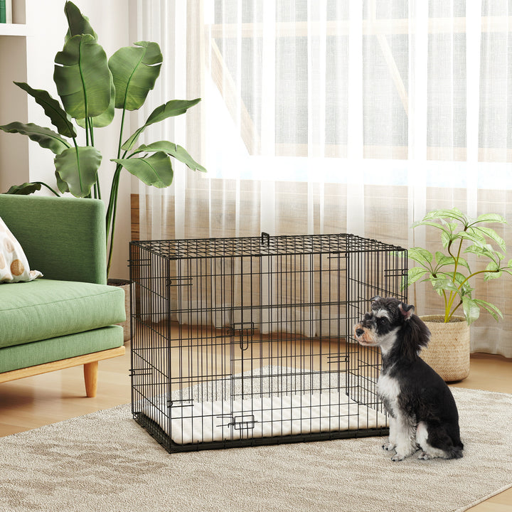 Gaiola Dobrável para Cães Pequenos com Almofada 2 Portas Bandeja Removível e Estrutura Metálica 75x48,5x53 cm Preto e Bege