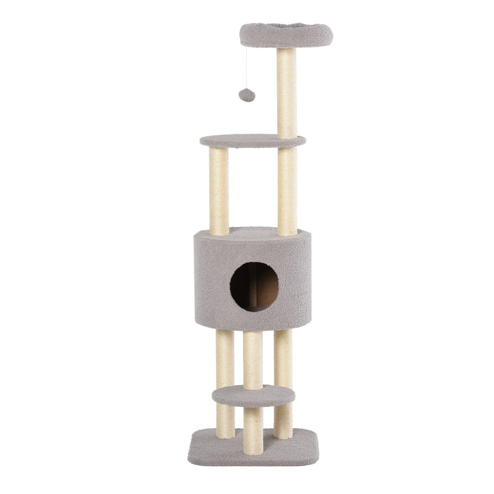 Arranhador para Gatos Altura 148 cm Arranhador para Gatos com Postes de Sisal 3 Plataformas Casa e Bola Suspensa Cinza