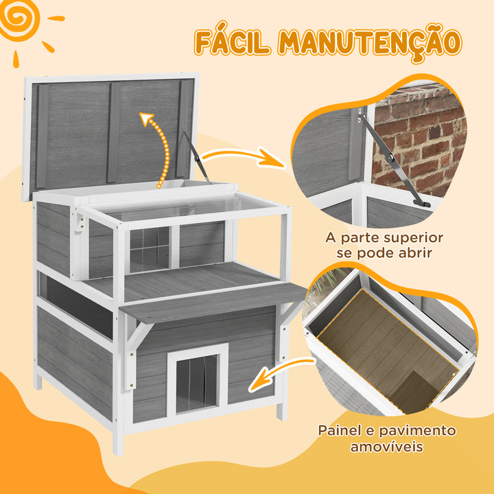 Casa para Gatos de Madeira 64x87x76 cm Casota para Gatos de 2 Níveis Refúgio para Gatos com Teto Asfáltico Janela e Porta com Cortina para Interior e Exterior 64x87x76 cm Cinza Claro