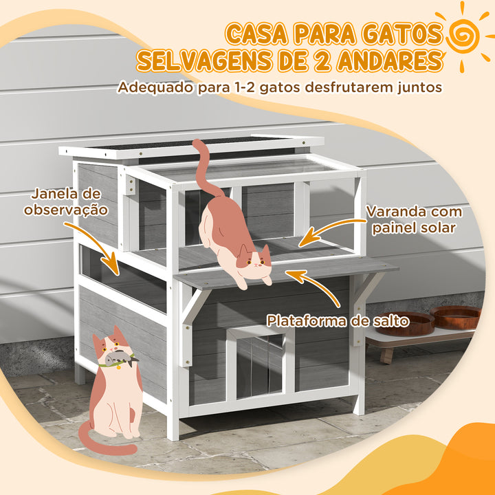 Casa para Gatos de Madeira 64x87x76 cm Casota para Gatos de 2 Níveis Refúgio para Gatos com Teto Asfáltico Janela e Porta com Cortina para Interior e Exterior 64x87x76 cm Cinza Claro