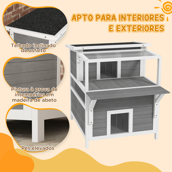 Casa para Gatos de Madeira 64x87x76 cm Casota para Gatos de 2 Níveis Refúgio para Gatos com Teto Asfáltico Janela e Porta com Cortina para Interior e Exterior 64x87x76 cm Cinza Claro