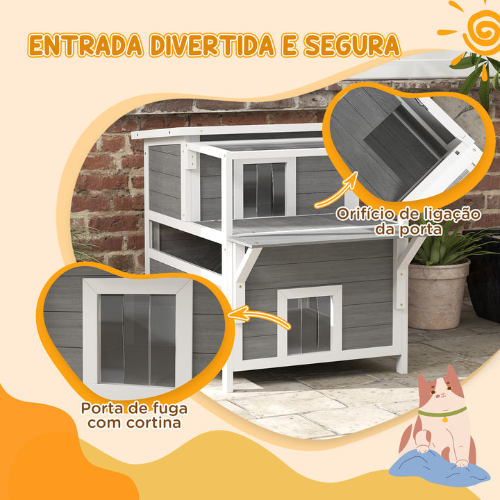 Casa para Gatos de Madeira 64x87x76 cm Casota para Gatos de 2 Níveis Refúgio para Gatos com Teto Asfáltico Janela e Porta com Cortina para Interior e Exterior 64x87x76 cm Cinza Claro
