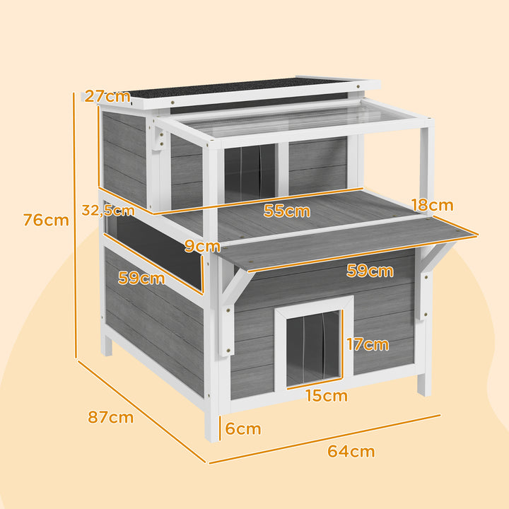 Casa para Gatos de Madeira 64x87x76 cm Casota para Gatos de 2 Níveis Refúgio para Gatos com Teto Asfáltico Janela e Porta com Cortina para Interior e Exterior 64x87x76 cm Cinza Claro