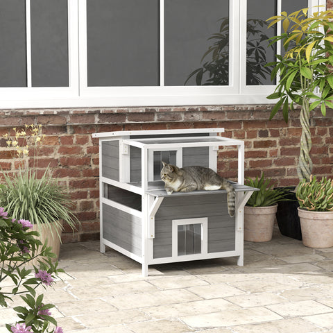 Casa para Gatos de Madeira 64x87x76 cm Casota para Gatos de 2 Níveis Refúgio para Gatos com Teto Asfáltico Janela e Porta com Cortina para Interior e Exterior 64x87x76 cm Cinza Claro