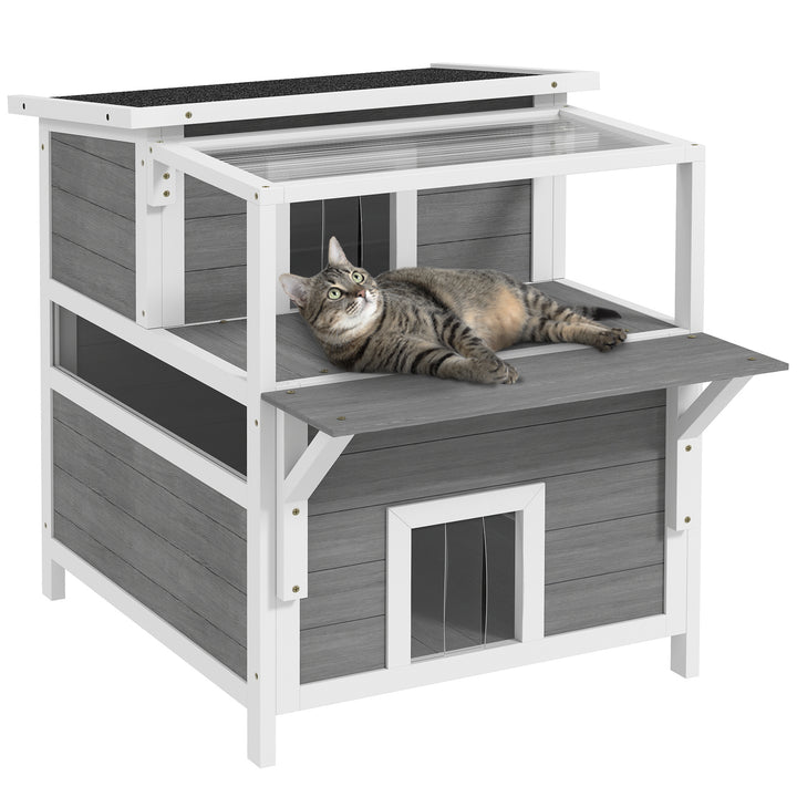 Casa para Gatos de Madeira 64x87x76 cm Casota para Gatos de 2 Níveis Refúgio para Gatos com Teto Asfáltico Janela e Porta com Cortina para Interior e Exterior 64x87x76 cm Cinza Claro