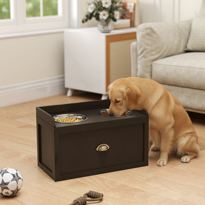 Comedouro Elevado para Cães Comedouro para Cães com 2 Tigelas 2000ml de Aço Inoxidável Gaveta Oculta com Suporte de Madeira para Animais de Estimação 60x30x36cm Marrom Escuro