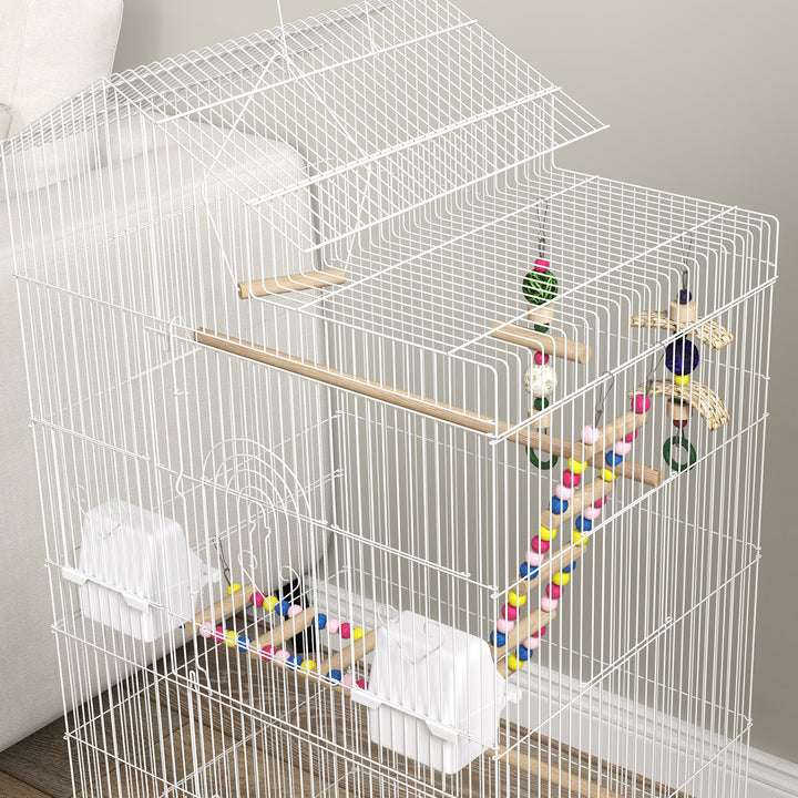 Gaiola para Passáros Gaiola de Metal com Múltiplas Portas 4 Comedouros 3 Poleiros Baloiço Escadas e Bandeja Removível para Periquitos Canários 46x36x100 cm Branco