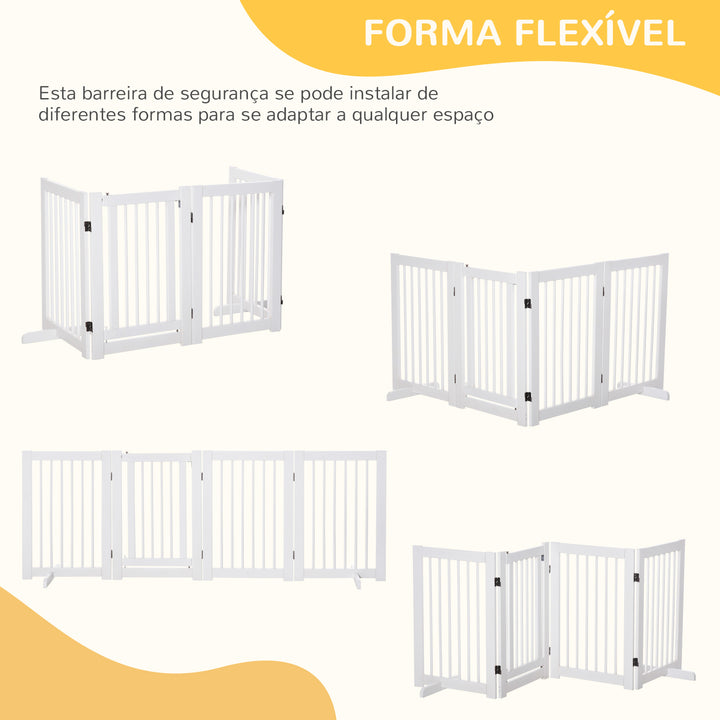 Barreira de Segurança para Cães em Madeira Dobrável para Escadas e Portas Veda para Cães Pequenos e Médios de 4 Painéis com Suporte de Pé para Interiores 204x36x75 cm Branco