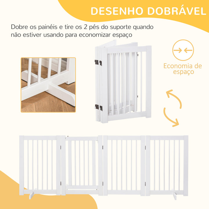 Barreira de Segurança para Cães em Madeira Dobrável para Escadas e Portas Veda para Cães Pequenos e Médios de 4 Painéis com Suporte de Pé para Interiores 204x36x75 cm Branco