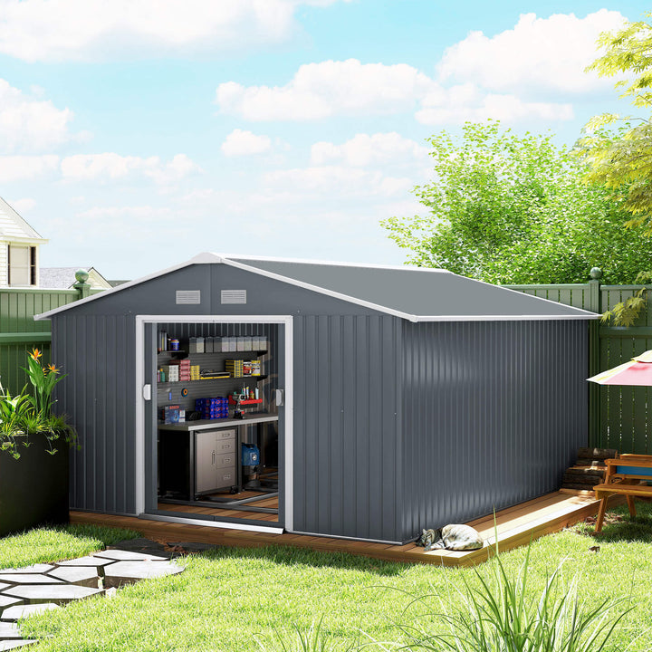 Galpão de jardim Galpão de armazenamento para ferramentas com porta deslizante dupla aço galvanizado 340x382x200 cm cinza