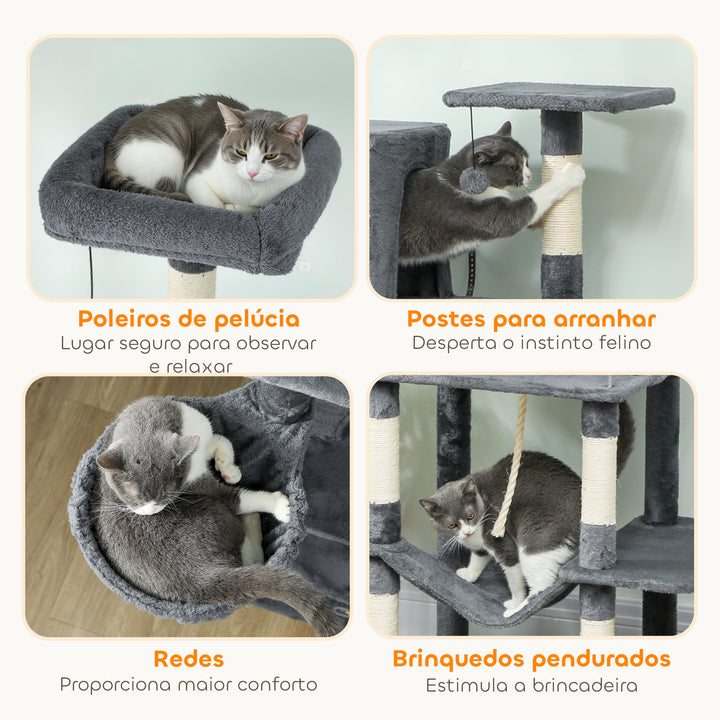 Arranhador para Gatos 202 cm Torre de Escalada com Plataformas Plataformas Caverna Postes de Sisal Bolas e Corda para Brincar Cinzento