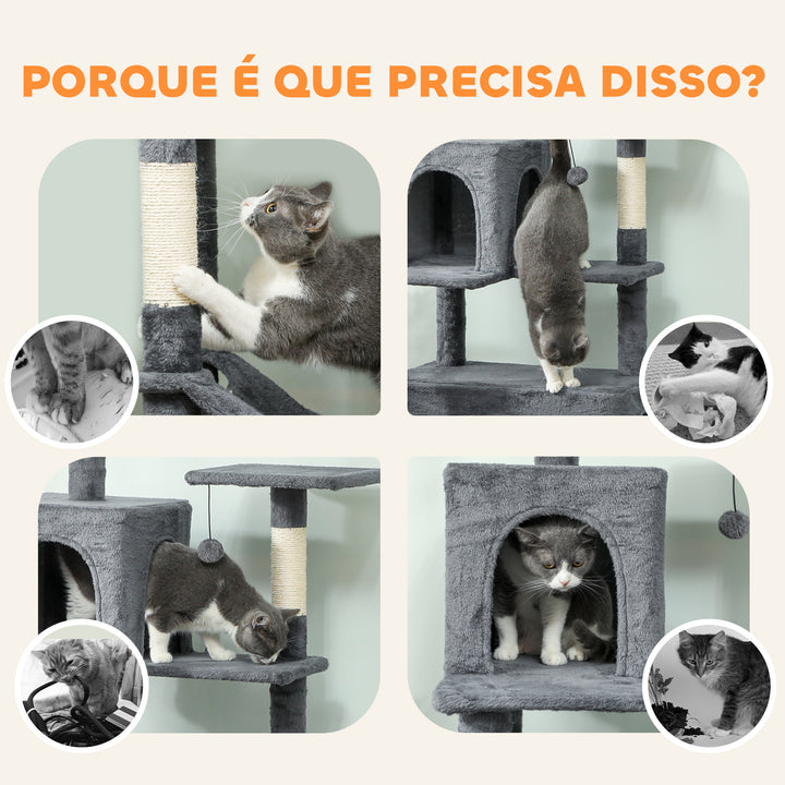 Arranhador para Gatos 202 cm Torre de Escalada com Plataformas Plataformas Caverna Postes de Sisal Bolas e Corda para Brincar Cinzento