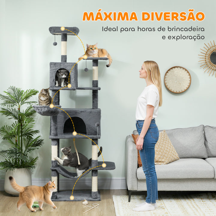 Arranhador para Gatos 202 cm Torre de Escalada com Plataformas Plataformas Caverna Postes de Sisal Bolas e Corda para Brincar Cinzento