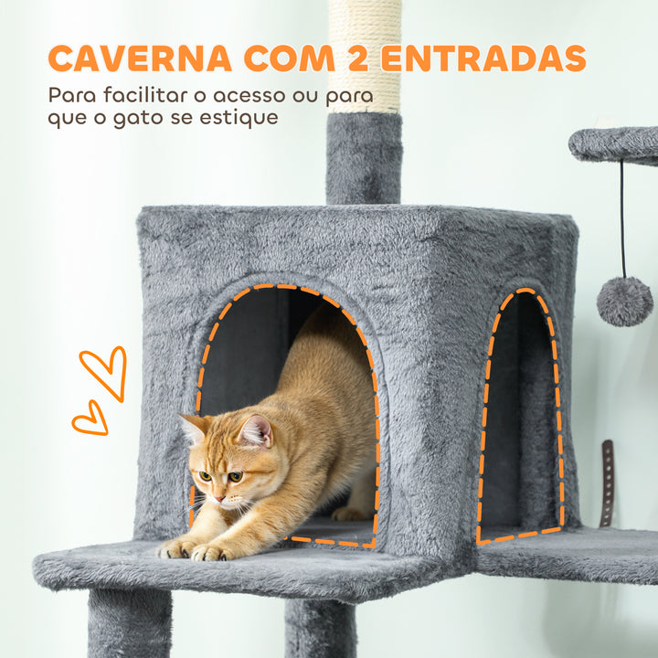 Arranhador para Gatos 202 cm Torre de Escalada com Plataformas Plataformas Caverna Postes de Sisal Bolas e Corda para Brincar Cinzento