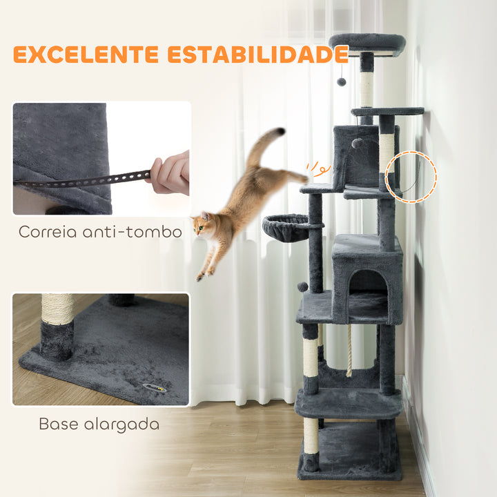 Arranhador para Gatos 202 cm Torre de Escalada com Plataformas Plataformas Caverna Postes de Sisal Bolas e Corda para Brincar Cinzento