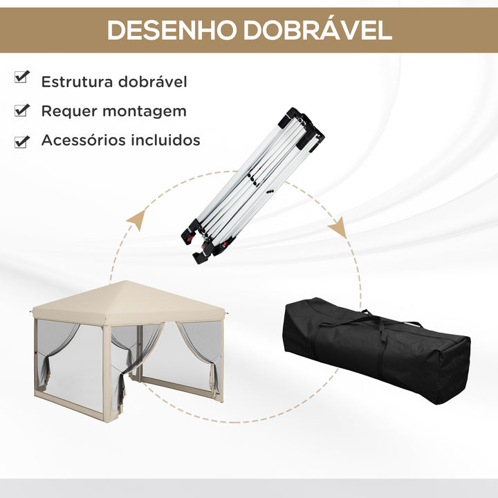 Tenda Dobrável 3x3 para Exterior Tenda Portátil de Jardim com Mosquiteiras Bolsa de Transporte Estrutura de Aço e Tecido Oxford Resistente para Festas Campismo Bege