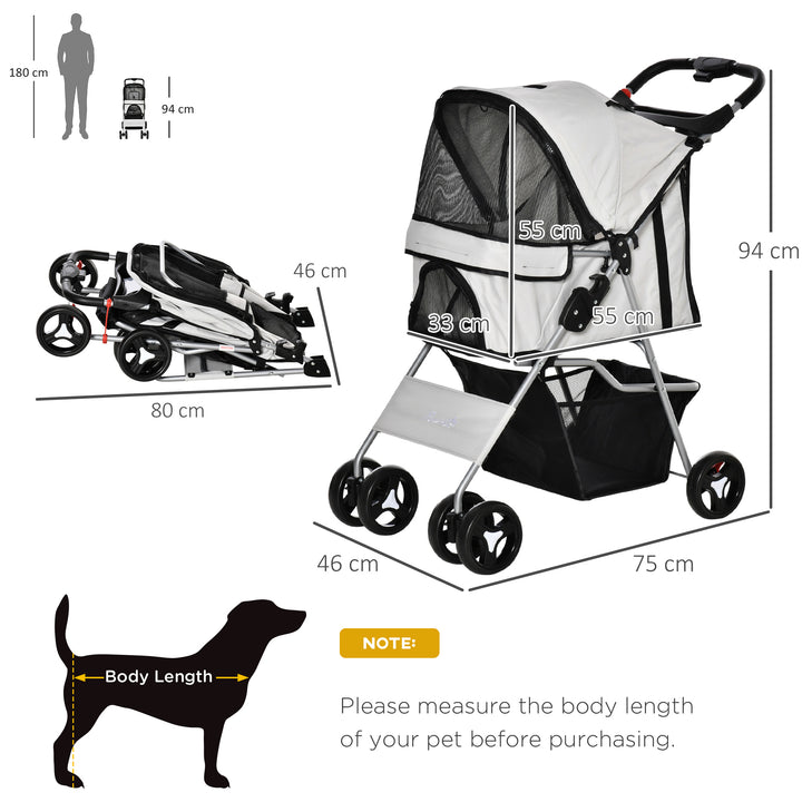 Carrinho para Animais de Estimação Dobrável para Cães com Capô Ajustável Cesta de Armazenamento e Rodas com Freio Tecido Oxford Estrutura de Aço 74x46x94cm Cinza