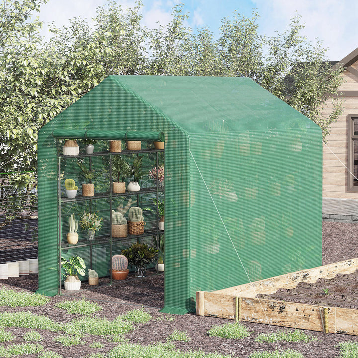 Estufa de Jardim Estufa de Exterior com Prateleiras de 4 Níveis Porta com Fecho de Correr e Estrutura de Aço Estufa Pequena Estufa para Cultivar Plantas Flores 244x180x210 cm Verde