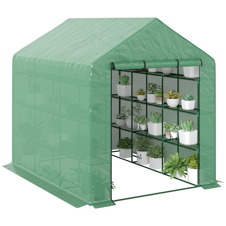 Estufa de Jardim Estufa de Exterior com Prateleiras de 4 Níveis Porta com Fecho de Correr e Estrutura de Aço Estufa Pequena Estufa para Cultivar Plantas Flores 244x180x210 cm Verde
