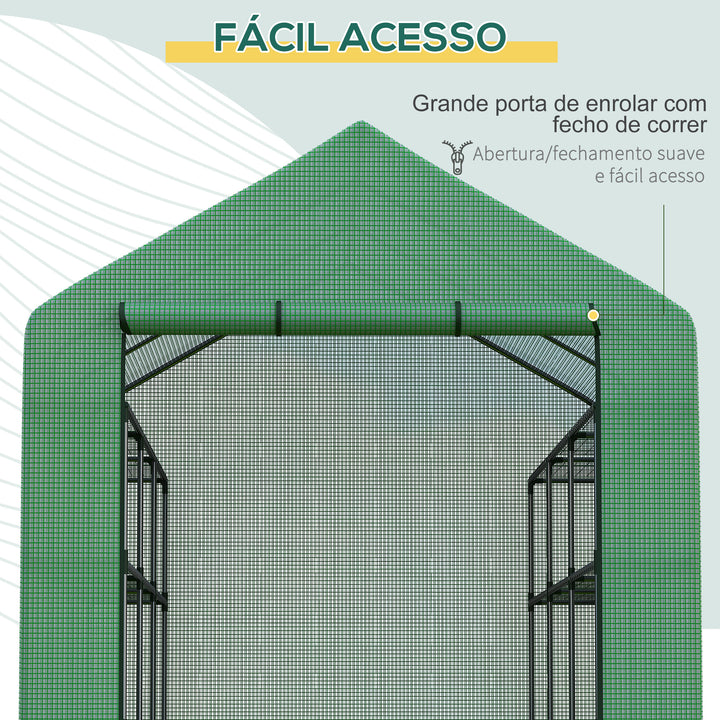 Estufa de Jardim Estufa de Exterior com Prateleiras de 4 Níveis Porta com Fecho de Correr e Estrutura de Aço Estufa Pequena Estufa para Cultivar Plantas Flores 244x180x210 cm Verde