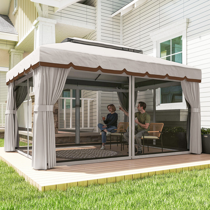 Pérgola de Jardim 390x290x270 cm Pérgola de Alumínio com Teto com Ventilação 4 Cortinas Laterais 4 Telas Mosquiteiras e 8 Orifícios de Drenagem para Festas Eventos Exterior Creme