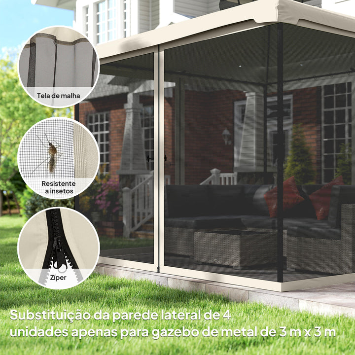 4 Painéis Laterais 302x207 cm para Tenda de Jardim Mosquiteira para Gazebo com Zíperes e Anéis Pretos