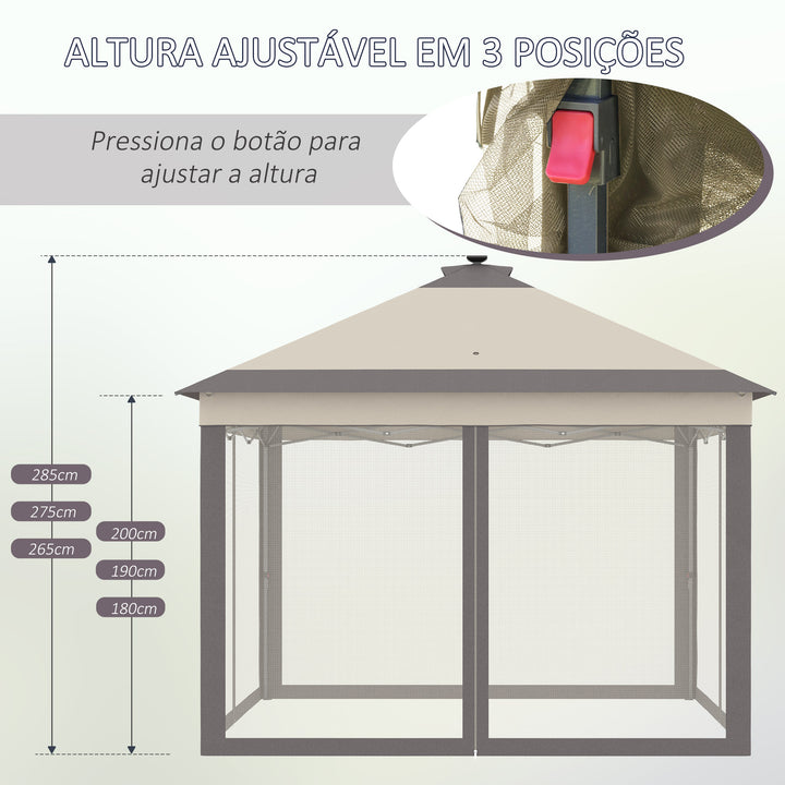 Pérgola Dobrável Exterior 3,3x3,3x2,9 m com Luzes LED e Controle Remoto Pérgola de Jardim com 4 Mosquiteiras Removíveis e Bolsa de Transporte para Acampamento Festas Bege