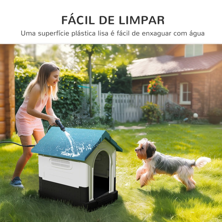 Casota para Cães Mini de Exterior Casa de Plástico com 3 Janelas Base Elevada Telhado Imitando Telhas 64,5x57x66 cm Azul