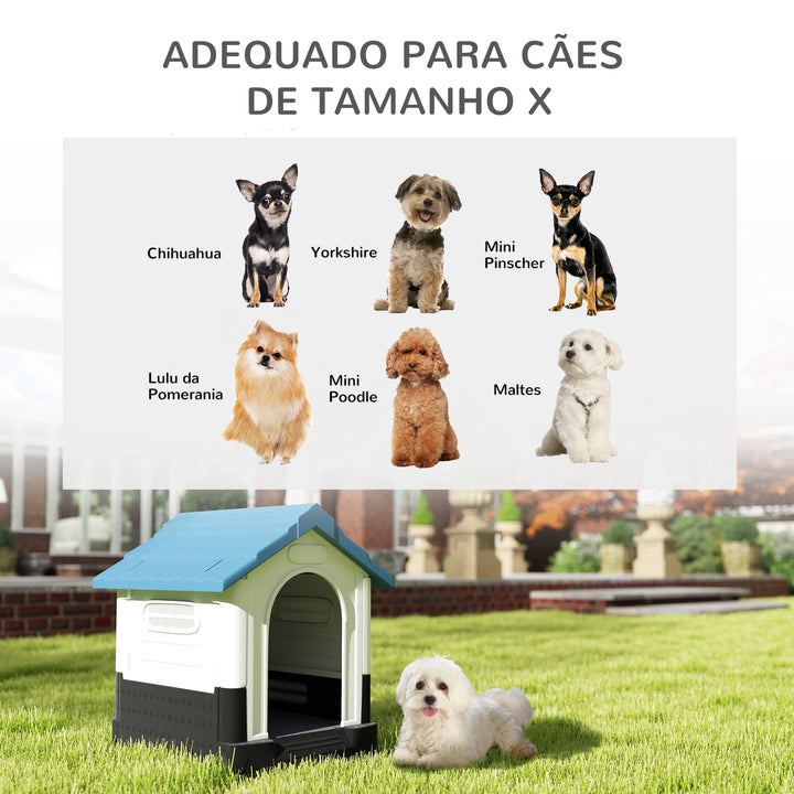Casota para Cães Mini de Exterior Casa de Plástico com 3 Janelas Base Elevada Telhado Imitando Telhas 64,5x57x66 cm Azul