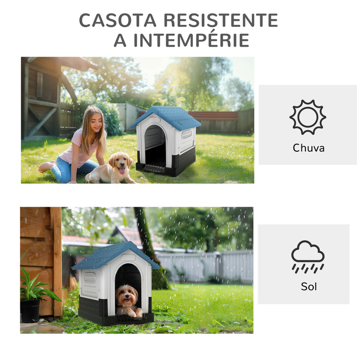 Casota para Cães Mini de Exterior Casa de Plástico com 3 Janelas Base Elevada Telhado Imitando Telhas 64,5x57x66 cm Azul