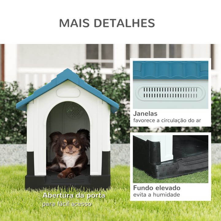 Casota para Cães Mini de Exterior Casa de Plástico com 3 Janelas Base Elevada Telhado Imitando Telhas 64,5x57x66 cm Azul