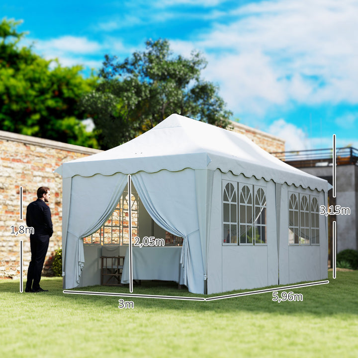 Tenda Dobrável Pop Up Tenda 596x300x315 cm Tenda Dobrável com 6 Paredes Laterais Anti-UV Altura Ajustável Bolsa de Areia e Bolsa de Transporte para Campismo Festas Branco