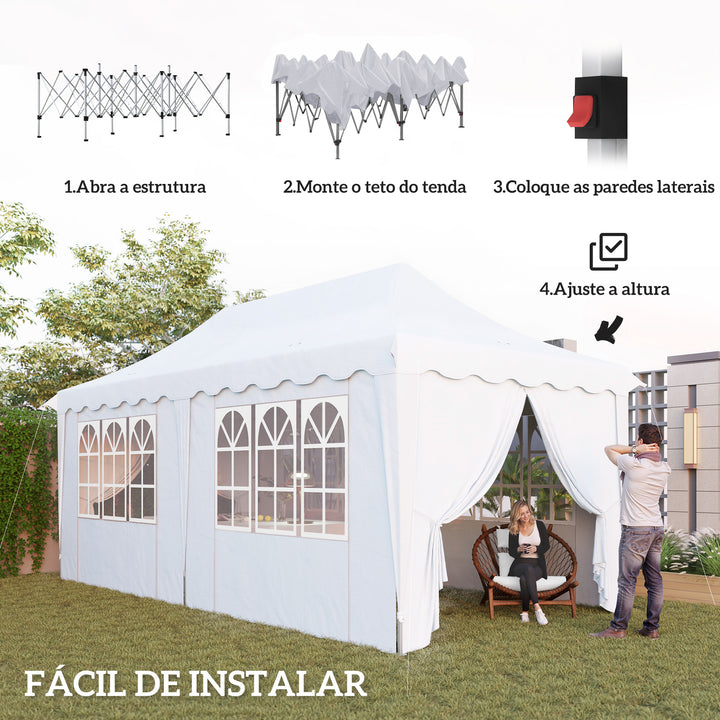 Tenda Dobrável Pop Up Tenda 596x300x315 cm Tenda Dobrável com 6 Paredes Laterais Anti-UV Altura Ajustável Bolsa de Areia e Bolsa de Transporte para Campismo Festas Branco