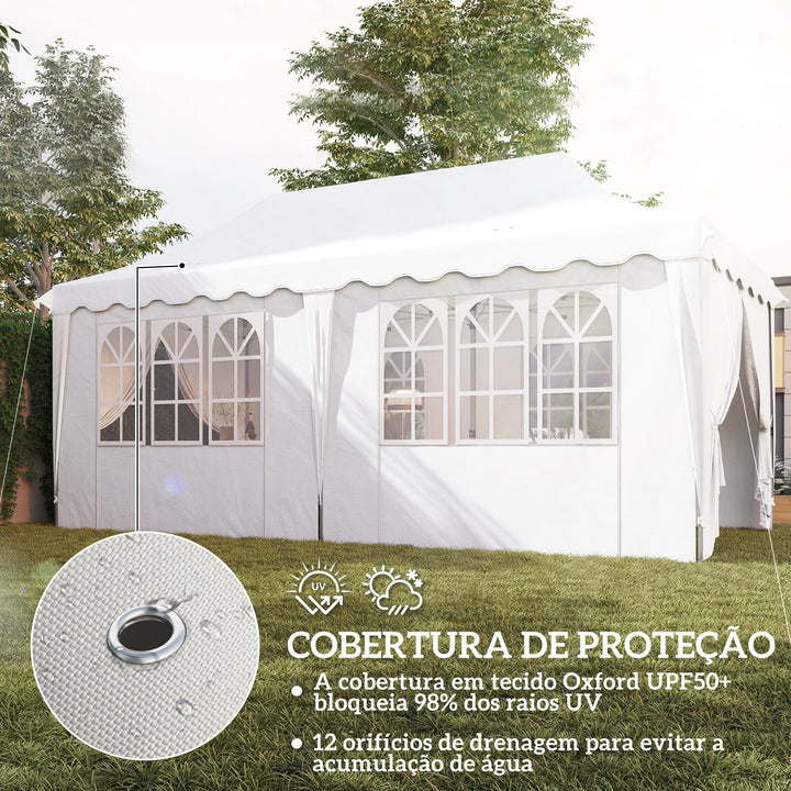 Tenda Dobrável Pop Up Tenda 596x300x315 cm Tenda Dobrável com 6 Paredes Laterais Anti-UV Altura Ajustável Bolsa de Areia e Bolsa de Transporte para Campismo Festas Branco