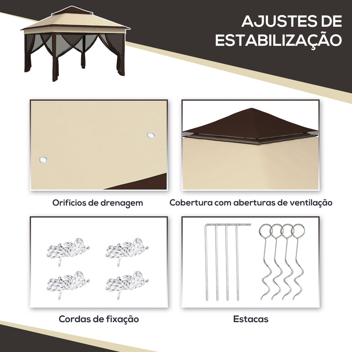 Tenda Dobrável 3,26x3,26x2,72 m Tenda de Jardim com Duplo Teto Altura Ajustável 4 Painéis de Malha Proteção UV30+ e Bolsa de Transporte para Festas Campismo Cinza