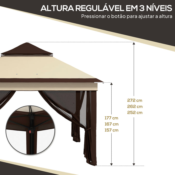 Tenda Dobrável 3,26x3,26x2,72 m Tenda de Jardim com Duplo Teto Altura Ajustável 4 Painéis de Malha Proteção UV30+ e Bolsa de Transporte para Festas Campismo Cinza