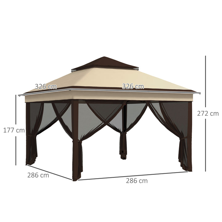 Tenda Dobrável 3,26x3,26x2,72 m Tenda de Jardim com Duplo Teto Altura Ajustável 4 Painéis de Malha Proteção UV30+ e Bolsa de Transporte para Festas Campismo Cinza