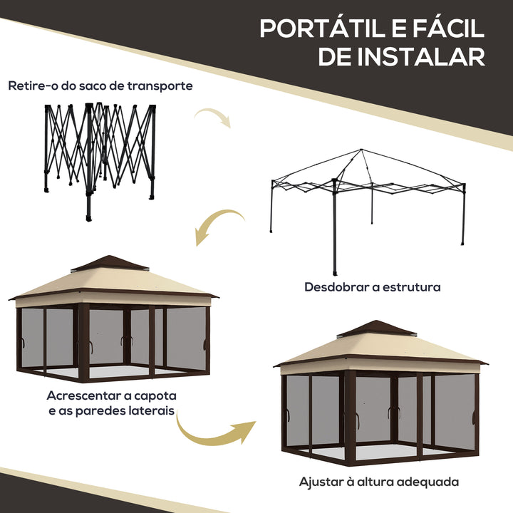 Tenda Dobrável 3,26x3,26x2,72 m Tenda de Jardim com Duplo Teto Altura Ajustável 4 Painéis de Malha Proteção UV30+ e Bolsa de Transporte para Festas Campismo Cinza