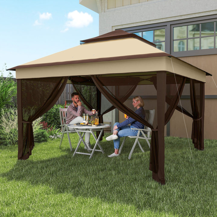 Tenda Dobrável 3,26x3,26x2,72 m Tenda de Jardim com Duplo Teto Altura Ajustável 4 Painéis de Malha Proteção UV30+ e Bolsa de Transporte para Festas Campismo Cinza
