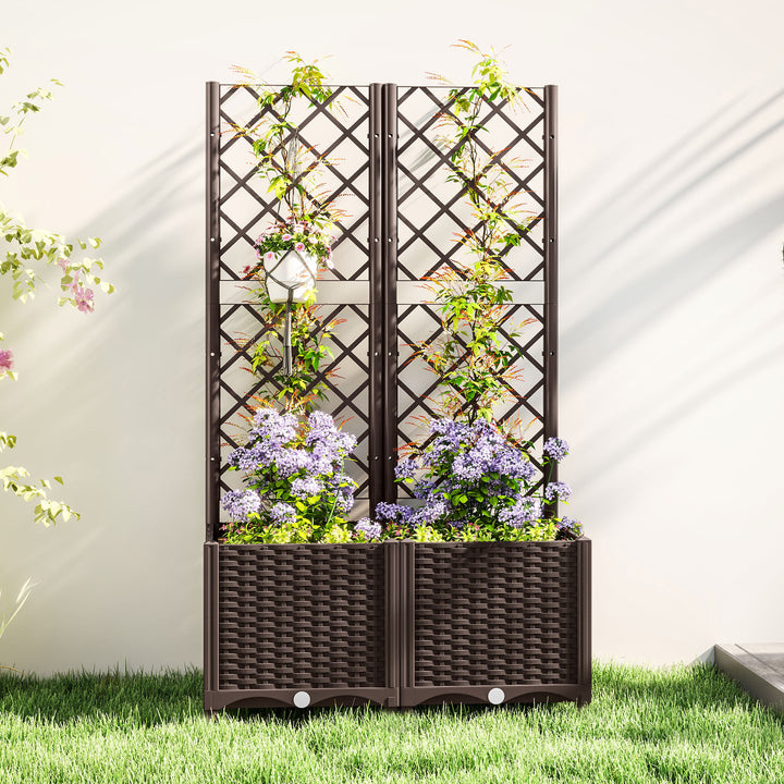 Floreira com Treliça de PP Floreira Exterior Grande com Drenagem e Amplo Espaço para Plantas Trepadoras Vaso com Suporte para Jardim Pátio Terraço 80x40x135 cm Marrom