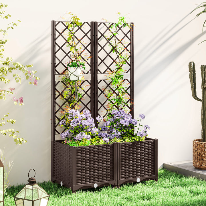 Floreira com Treliça de PP Floreira Exterior Grande com Drenagem e Amplo Espaço para Plantas Trepadoras Vaso com Suporte para Jardim Pátio Terraço 80x40x135 cm Marrom