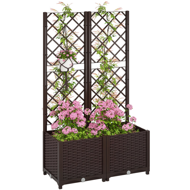 Floreira com Treliça de PP Floreira Exterior Grande com Drenagem e Amplo Espaço para Plantas Trepadoras Vaso com Suporte para Jardim Pátio Terraço 80x40x135 cm Marrom
